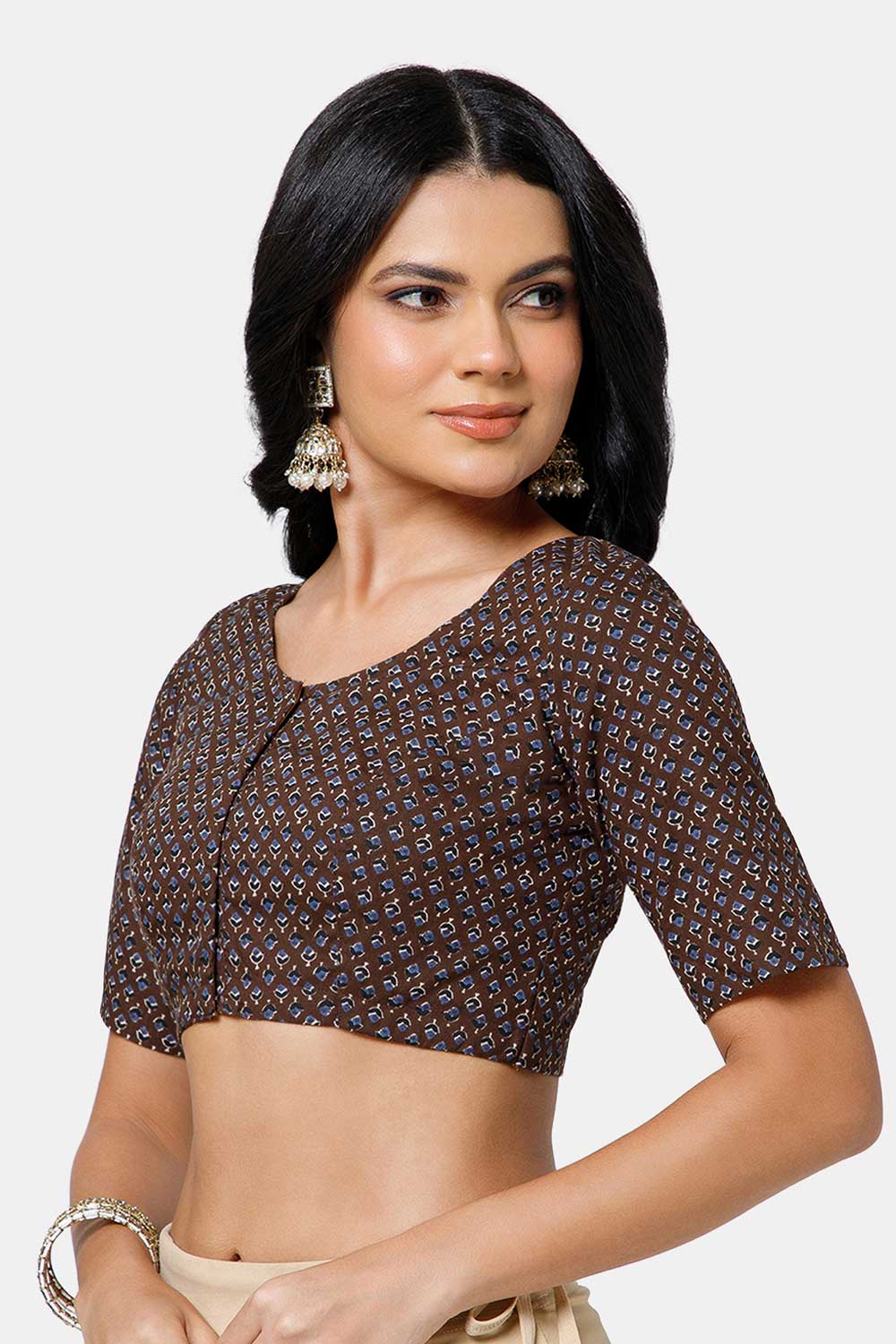 Naidu Hall Women’s Cotton Blouse – U Neck Front Open Saree Blouse with Princess Cut & Elbow Sleeves | Traditional & Casual Ethnic Wear Blouse for Women - Black - BU17-P1