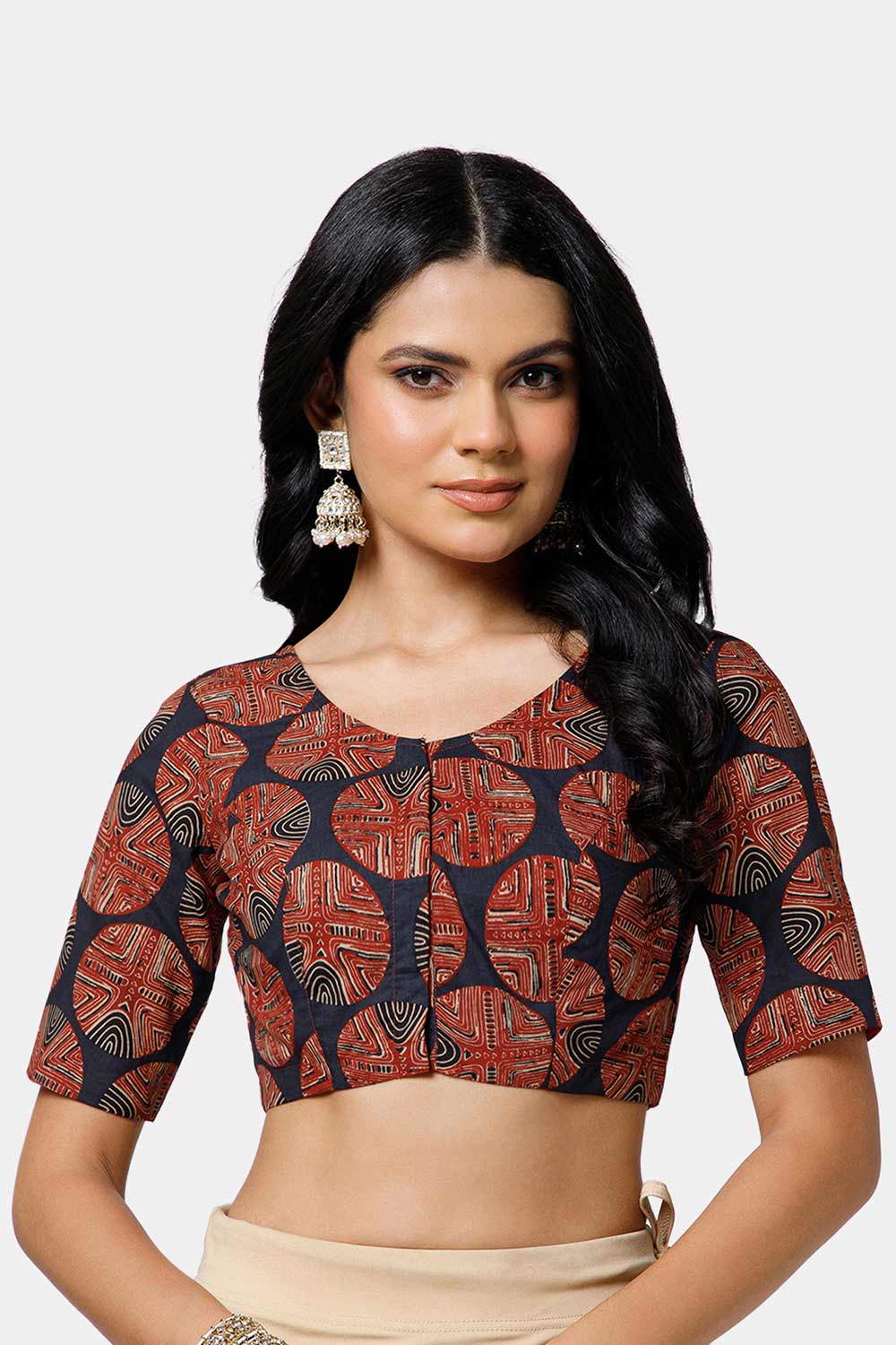 Naidu Hall Women’s Cotton Blouse – U Neck Front Open Saree Blouse with Princess Cut & Elbow Sleeves | Traditional & Casual Ethnic Wear Blouse for Women - Red - BU17-P3