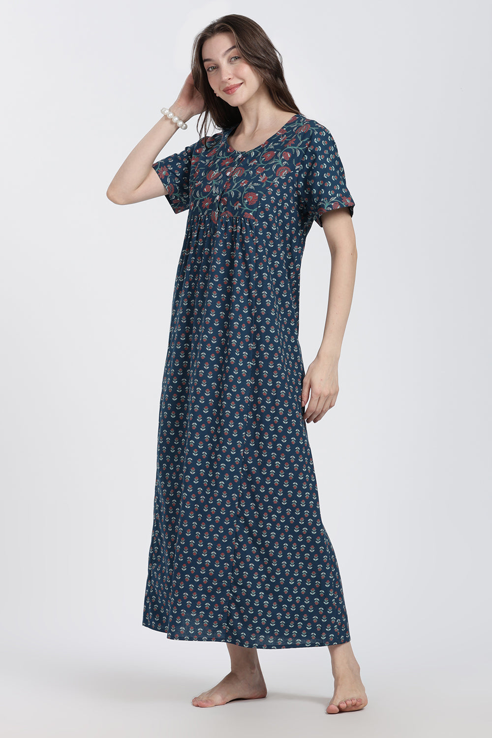 Naidu Hall Women’s Floral Printed Cotton Blend Nighty | Full-Length Round Neck Daily Wear Nightdress
- NB15