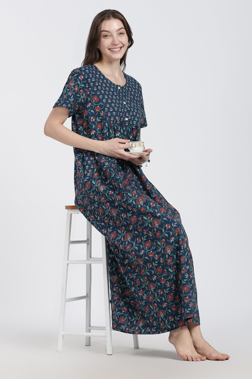 Naidu Hall Women’s Floral Printed Cotton Blend Nighty | Full-Length Round Neck Daily Wear Nightdress
- NB14