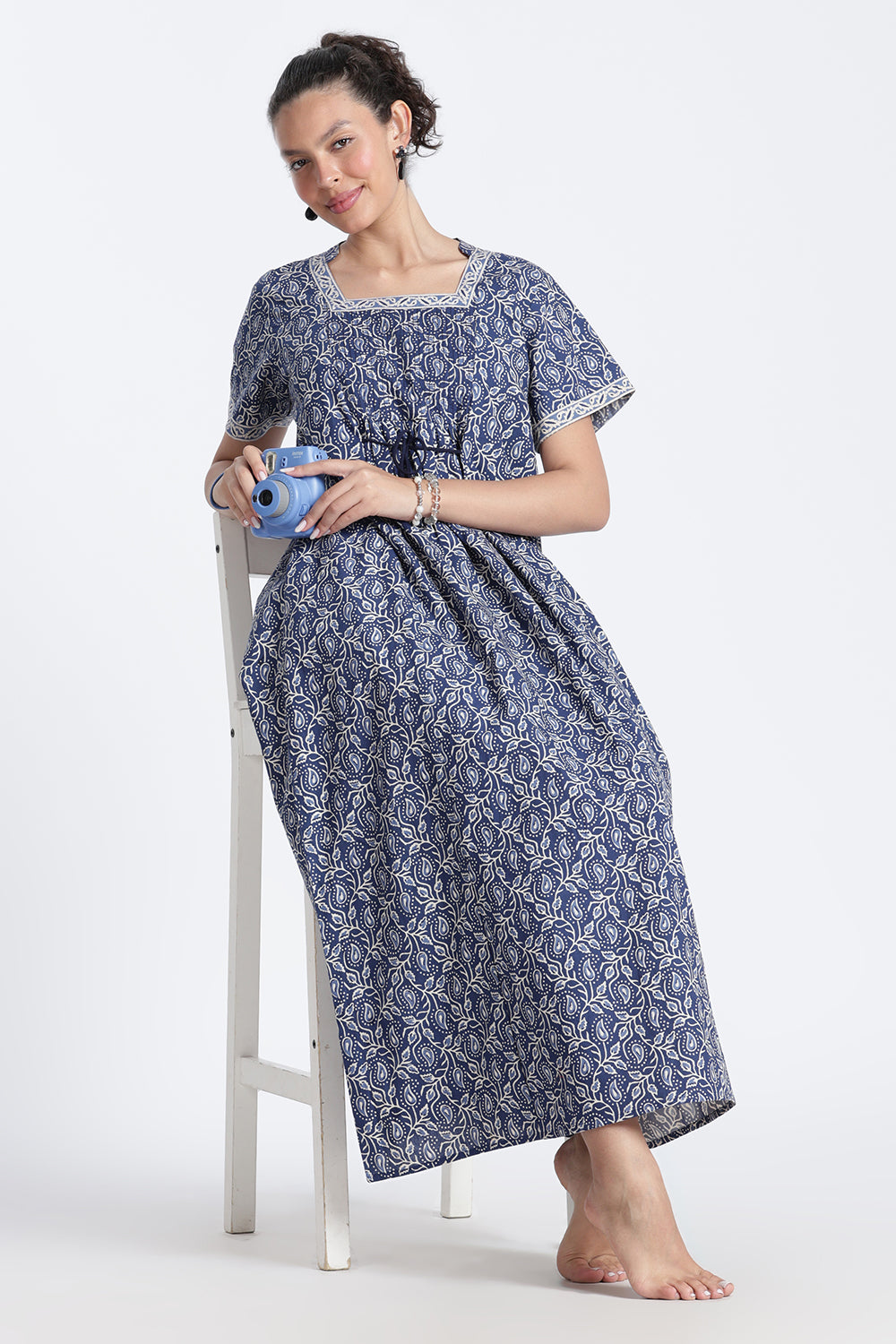 Naidu Hall Women’s Printed Cotton Nighty | Full-Length Daily Wear & Sleepwear Nightdress with Square Neck & Mandarin Collar
- NB22