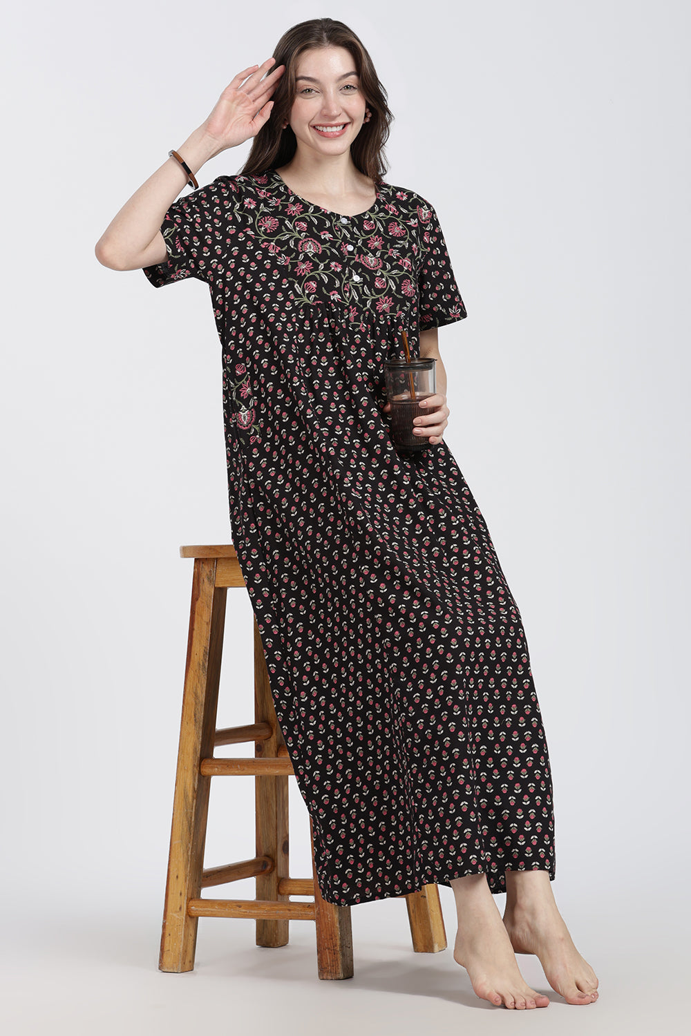 Naidu Hall Women’s Floral Printed Cotton Blend Nighty | Full-Length Round Neck Daily Wear Nightdress
- NB15