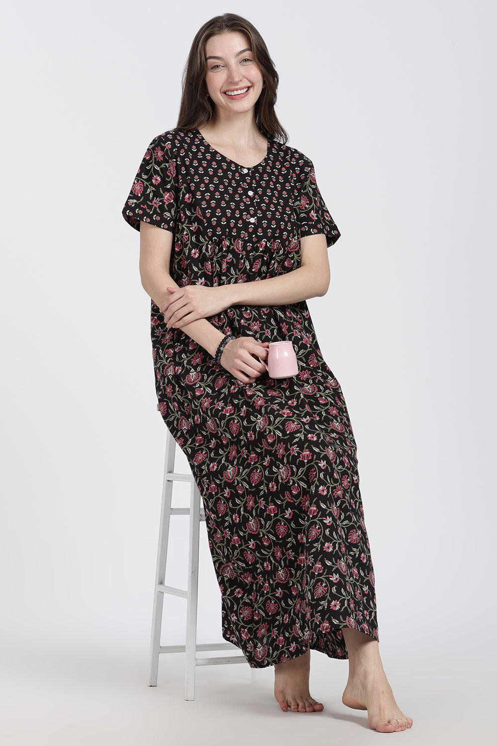Naidu Hall Women’s Floral Printed Cotton Blend Nighty | Full-Length Round Neck Daily Wear Nightdress
- NB14