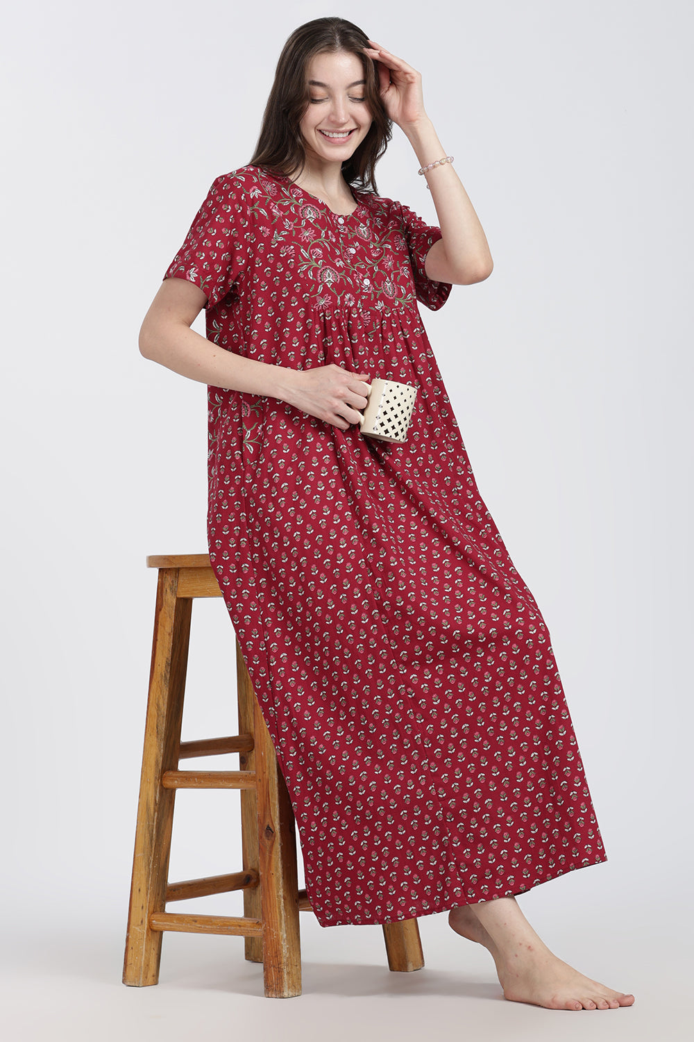Naidu Hall Women’s Floral Printed Cotton Blend Nighty | Full-Length Round Neck Daily Wear Nightdress
- NB15