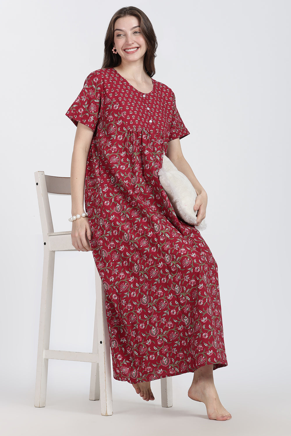 Naidu Hall Women’s Floral Printed Cotton Blend Nighty | Full-Length Round Neck Daily Wear Nightdress
- NB14