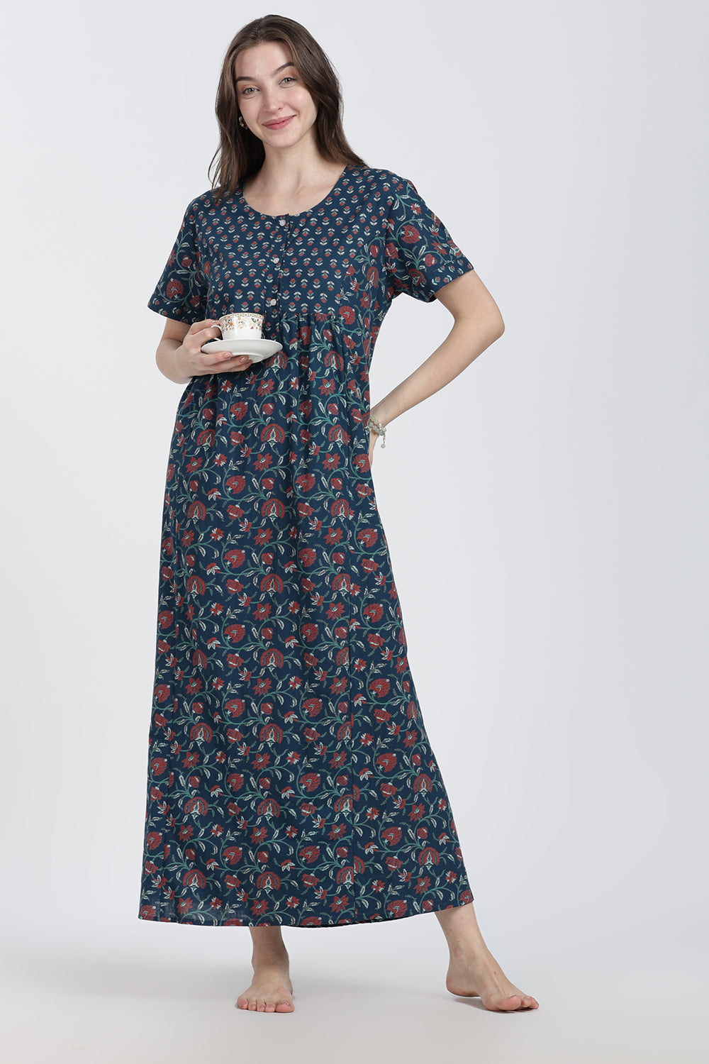 Naidu Hall Women’s Floral Printed Cotton Blend Nighty | Full-Length Round Neck Daily Wear Nightdress
- NB14