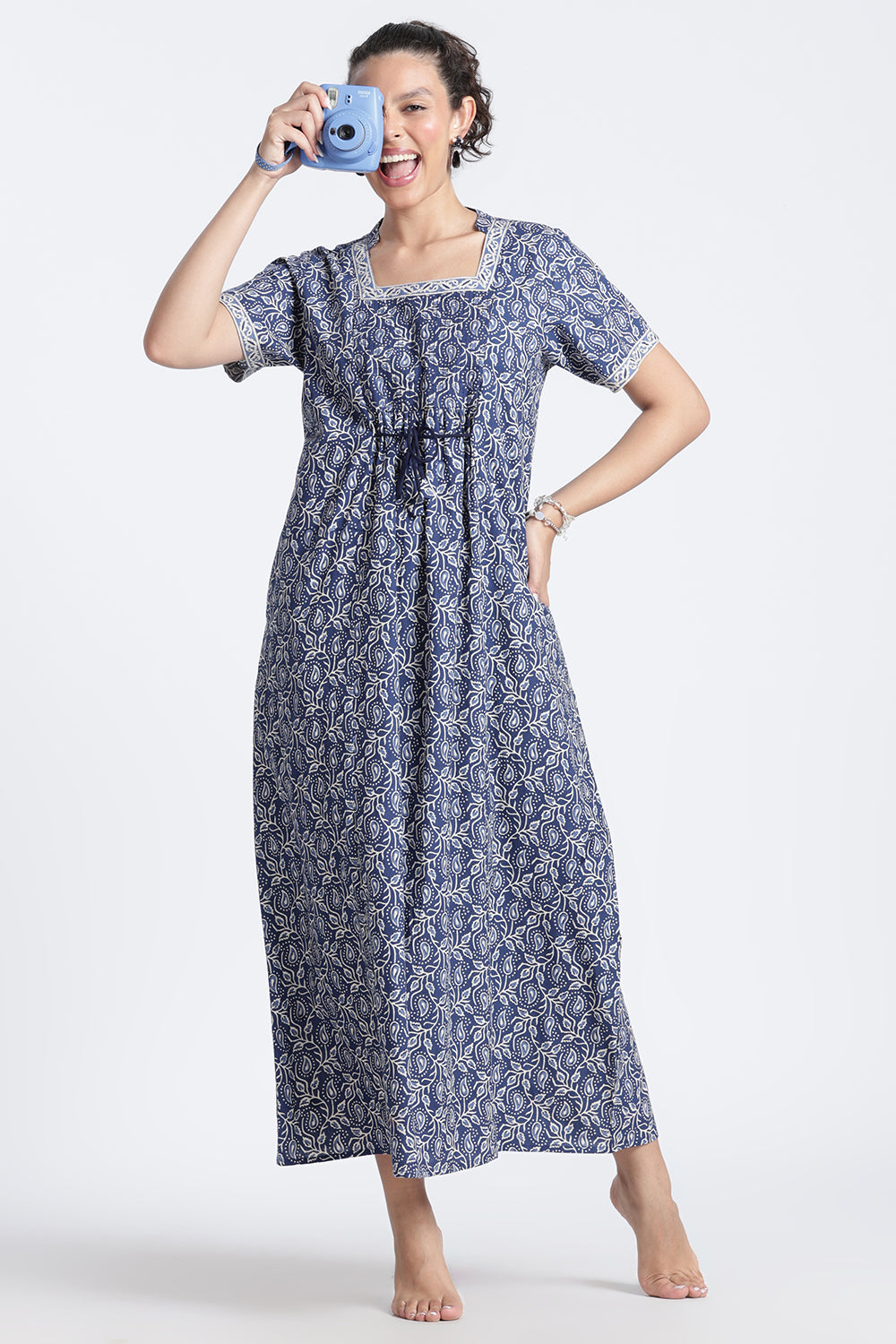 Naidu Hall Women’s Printed Cotton Nighty | Full-Length Daily Wear & Sleepwear Nightdress with Square Neck & Mandarin Collar
- NB22