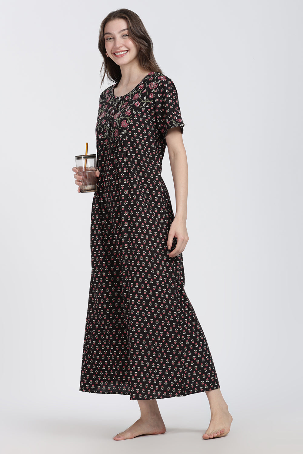 Naidu Hall Women’s Floral Printed Cotton Blend Nighty | Full-Length Round Neck Daily Wear Nightdress
- NB15