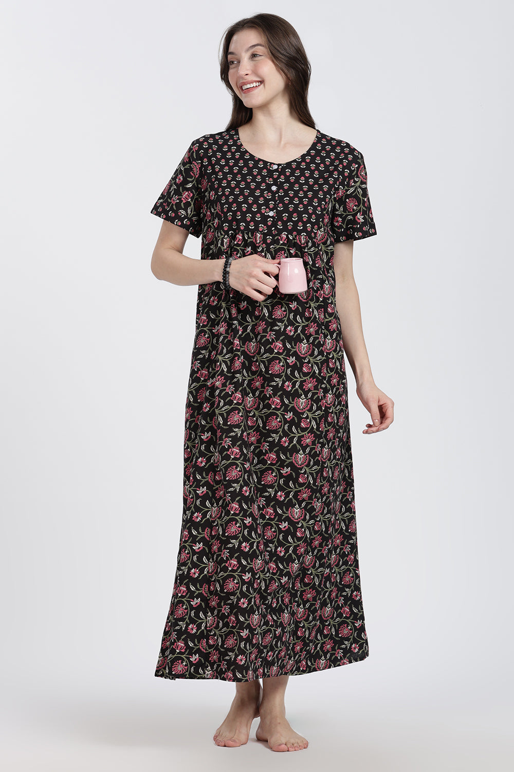 Naidu Hall Women’s Floral Printed Cotton Blend Nighty | Full-Length Round Neck Daily Wear Nightdress
- NB14