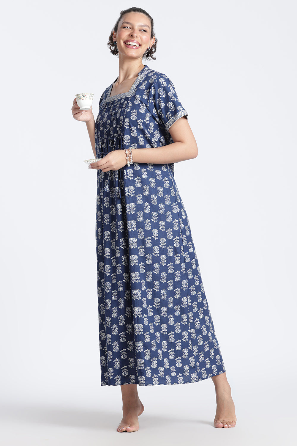 Naidu Hall Women’s Printed Cotton Nighty | Full-Length Daily Wear & Sleepwear Nightdress with Square Neck & Mandarin Collar
- NB23