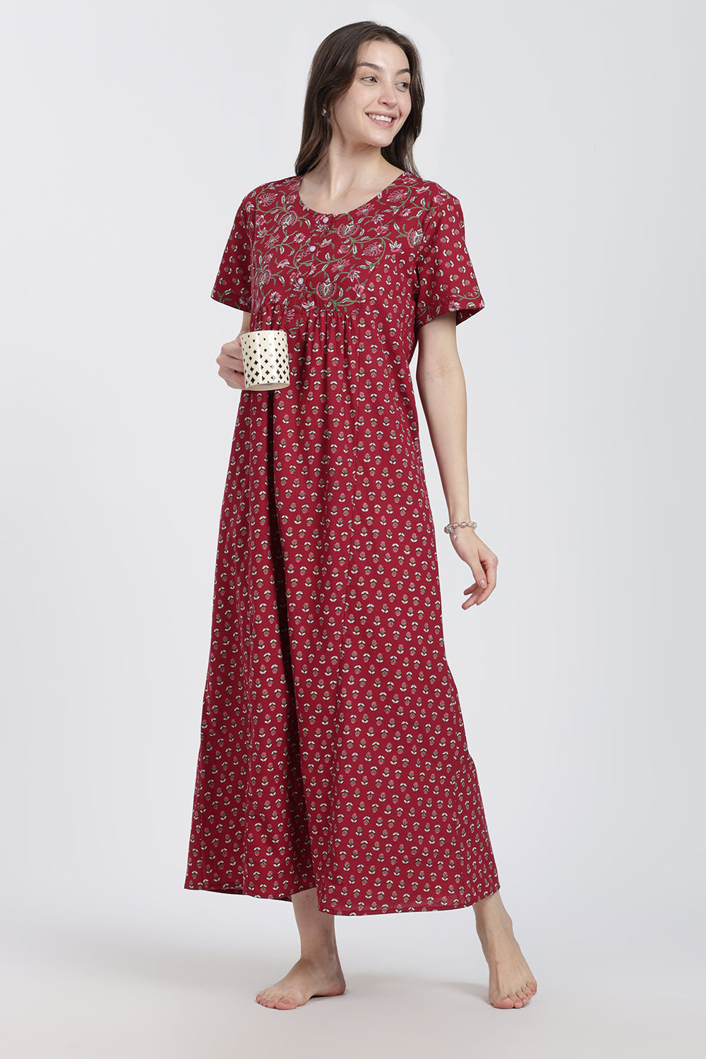 Naidu Hall Women’s Floral Printed Cotton Blend Nighty | Full-Length Round Neck Daily Wear Nightdress
- NB15