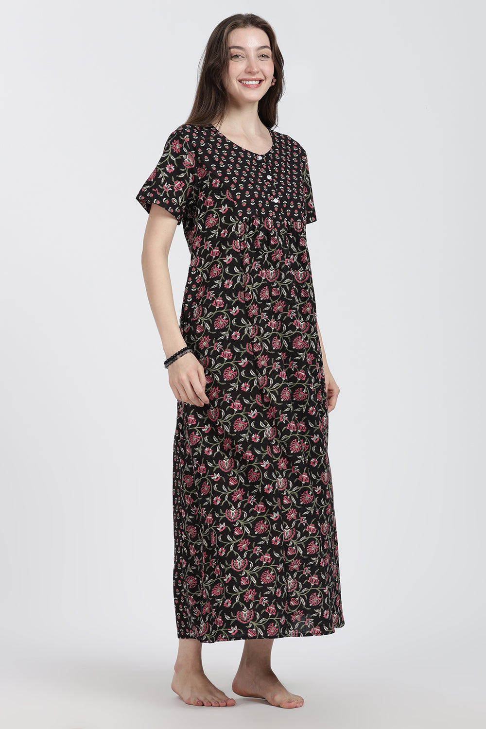 Naidu Hall Women’s Floral Printed Cotton Blend Nighty | Full-Length Round Neck Daily Wear Nightdress
- NB14