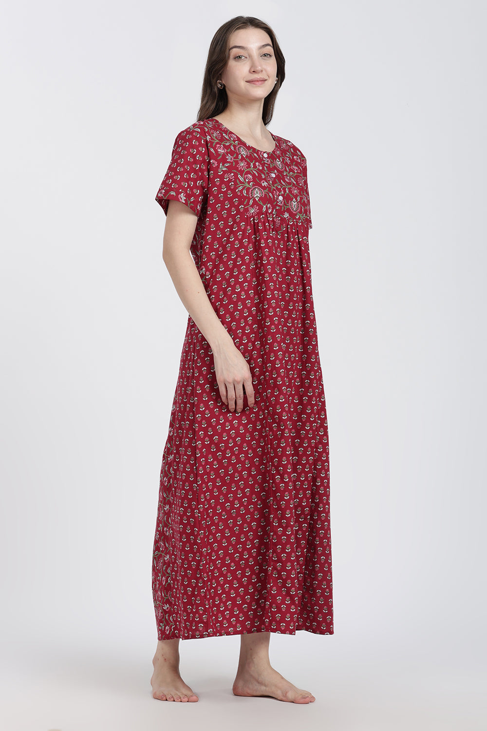 Naidu Hall Women’s Floral Printed Cotton Blend Nighty | Full-Length Round Neck Daily Wear Nightdress
- NB15