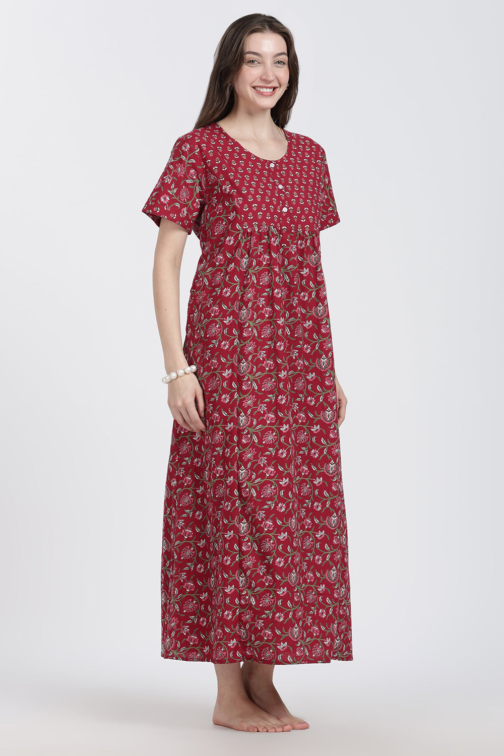 Naidu Hall Women’s Floral Printed Cotton Blend Nighty | Full-Length Round Neck Daily Wear Nightdress
- NB14