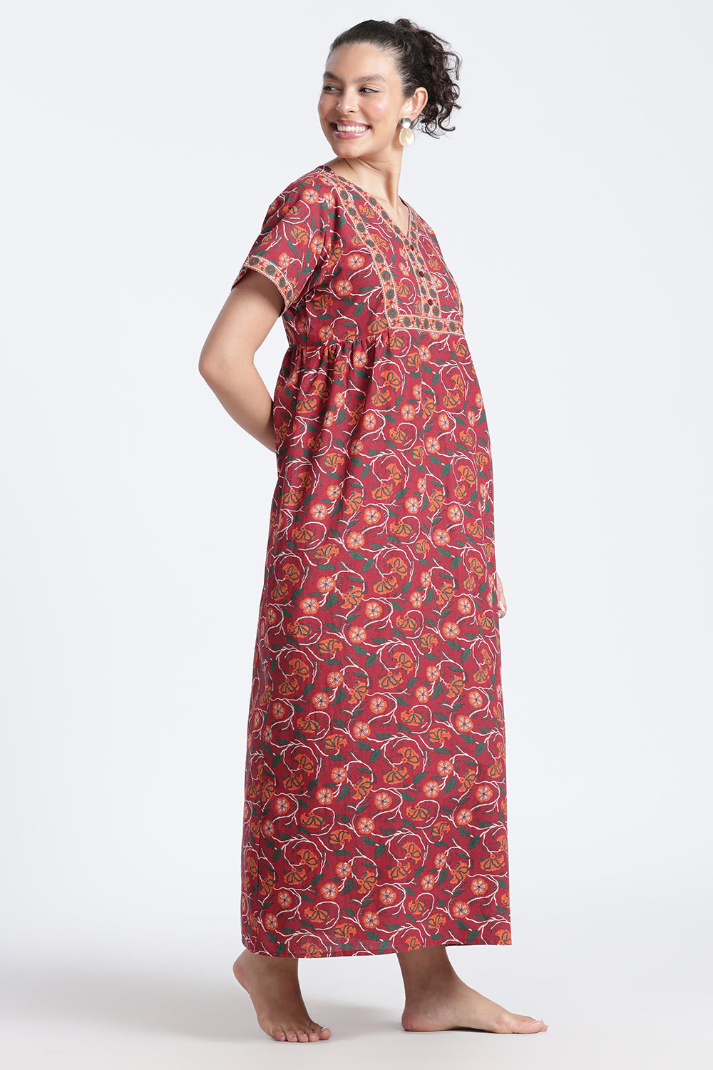 Naidu Hall Women’s Printed Cotton Nighty | Full-Length Daily Wear & Sleepwear Nightdress with V-Neck & Frock-Style Gathers
- NB20