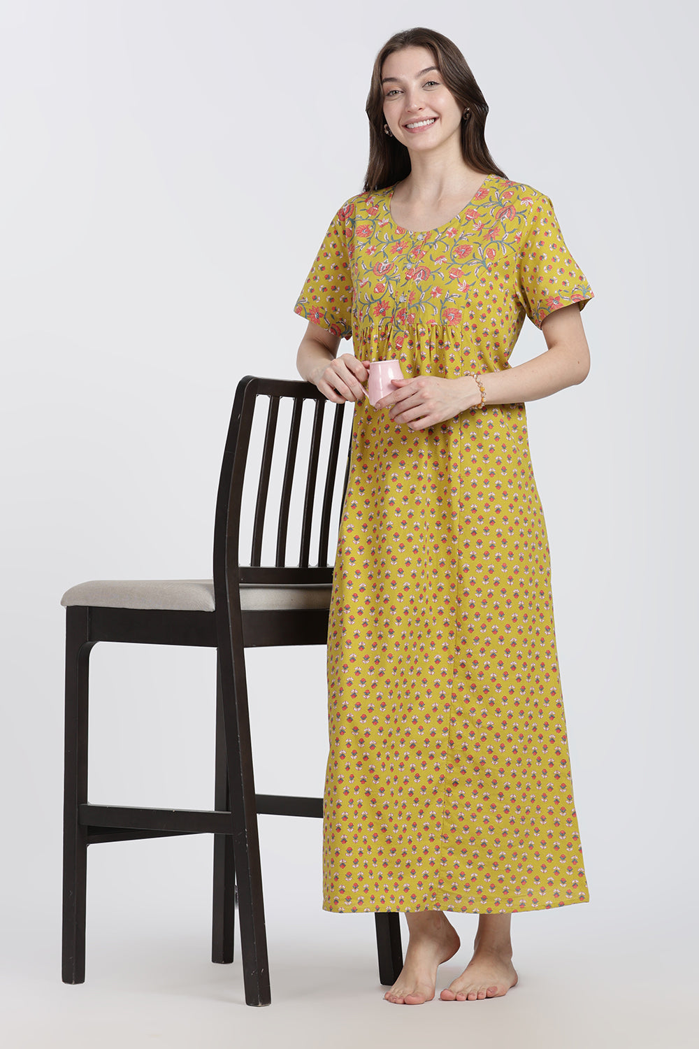 Naidu Hall Women’s Floral Printed Cotton Blend Nighty | Full-Length Round Neck Daily Wear Nightdress
- NB15