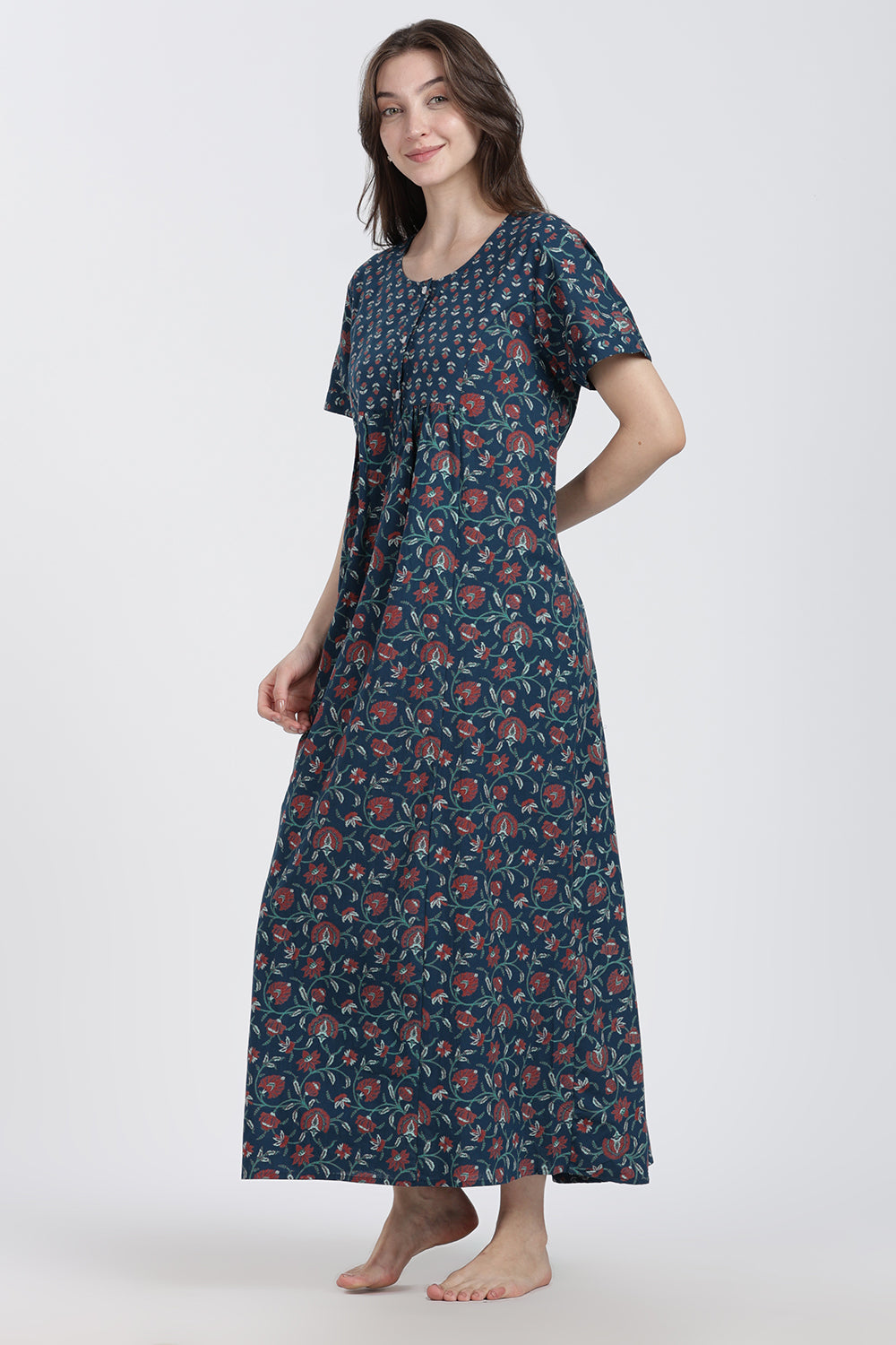 Naidu Hall Women’s Floral Printed Cotton Blend Nighty | Full-Length Round Neck Daily Wear Nightdress
- NB14