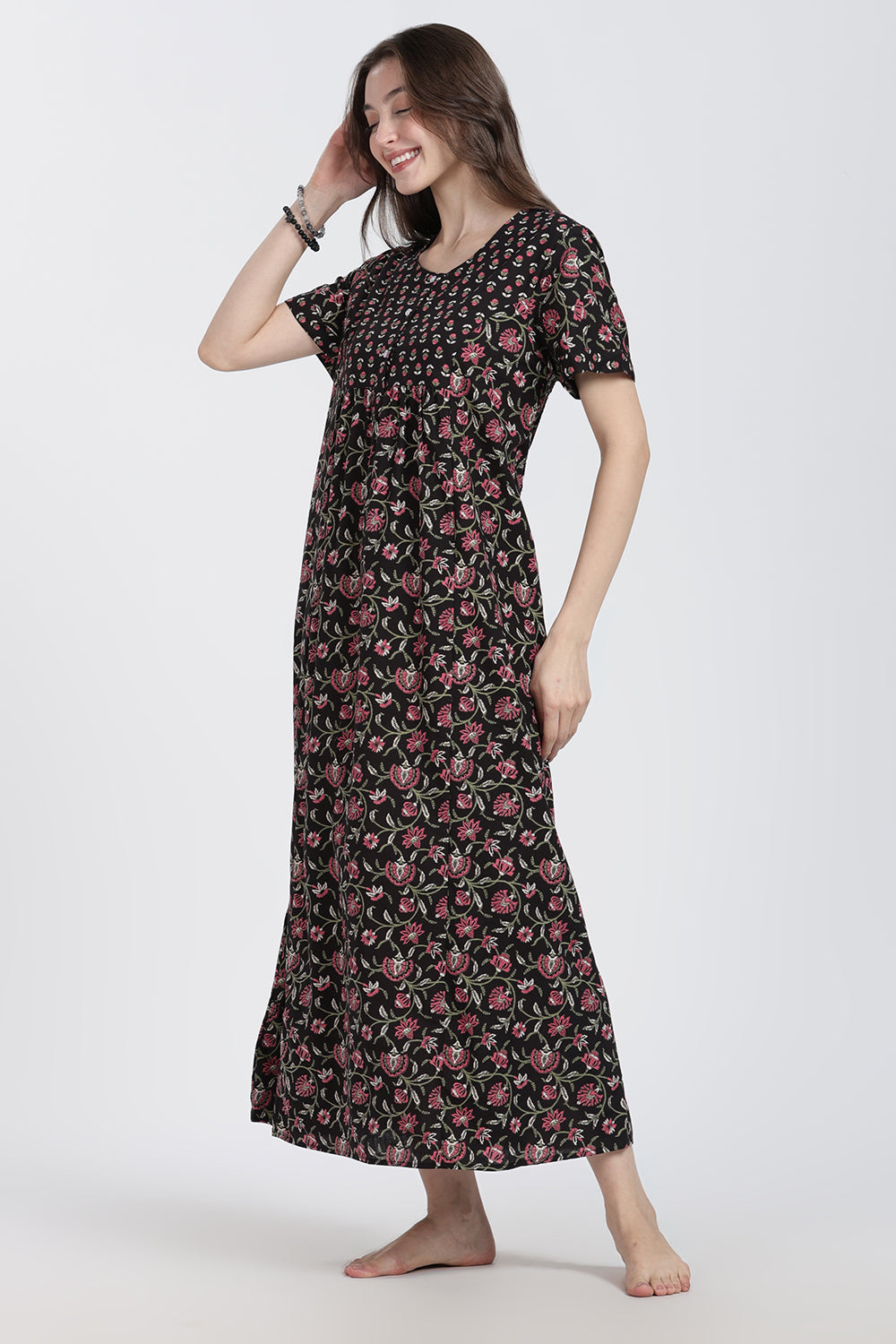 Naidu Hall Women’s Floral Printed Cotton Blend Nighty | Full-Length Round Neck Daily Wear Nightdress
- NB14