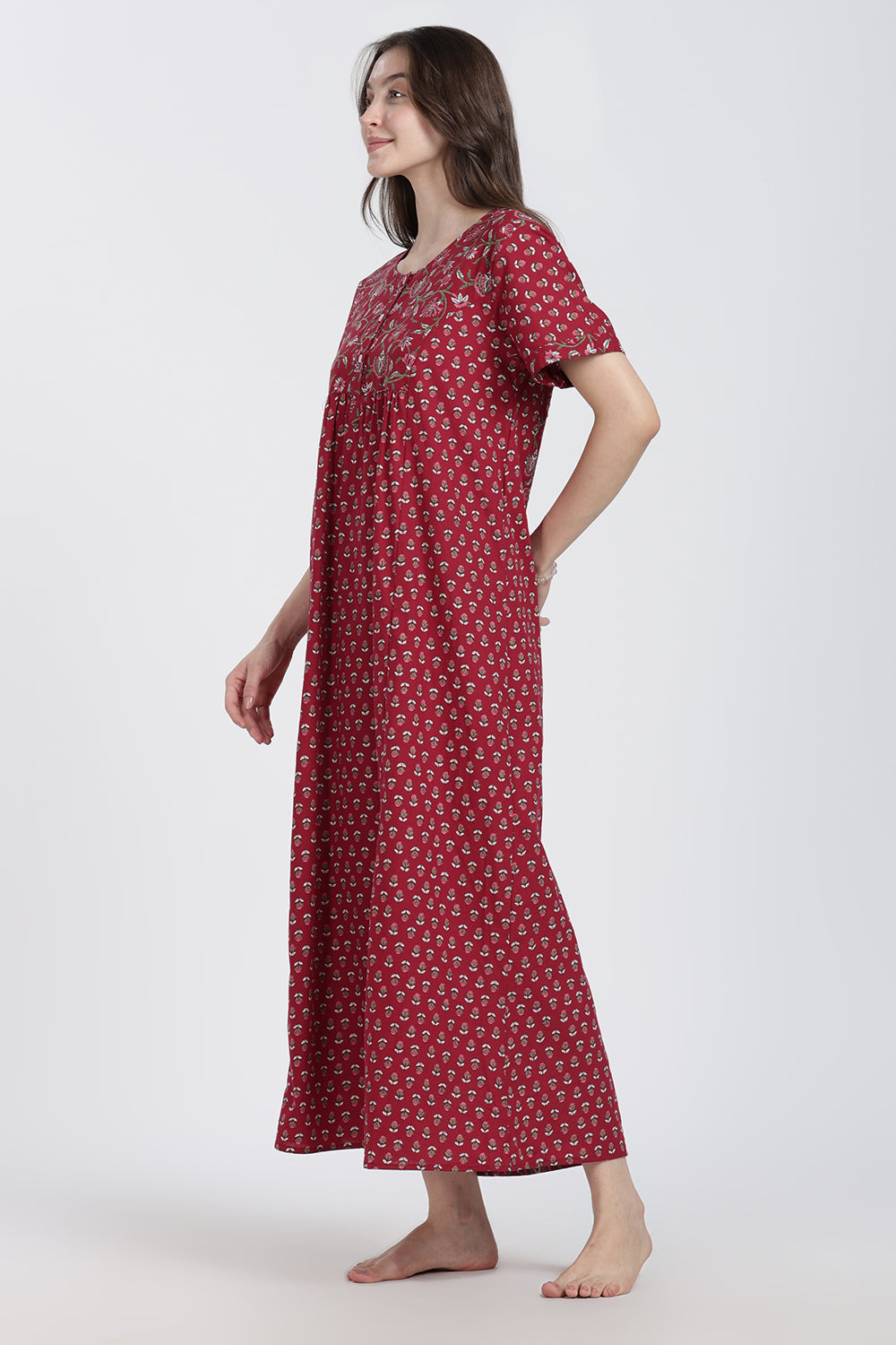 Naidu Hall Women’s Floral Printed Cotton Blend Nighty | Full-Length Round Neck Daily Wear Nightdress
- NB15