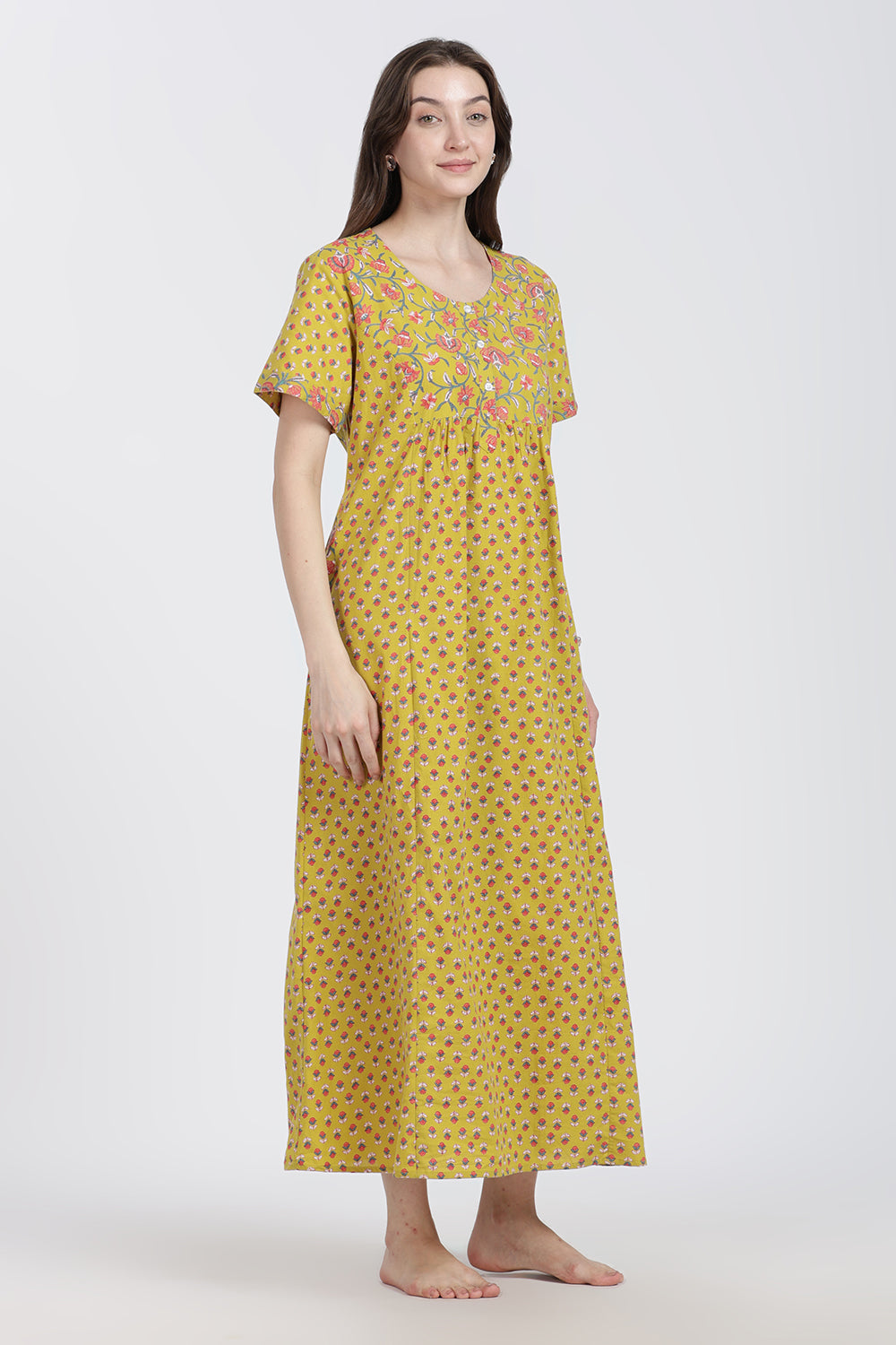 Naidu Hall Women’s Floral Printed Cotton Blend Nighty | Full-Length Round Neck Daily Wear Nightdress
- NB15