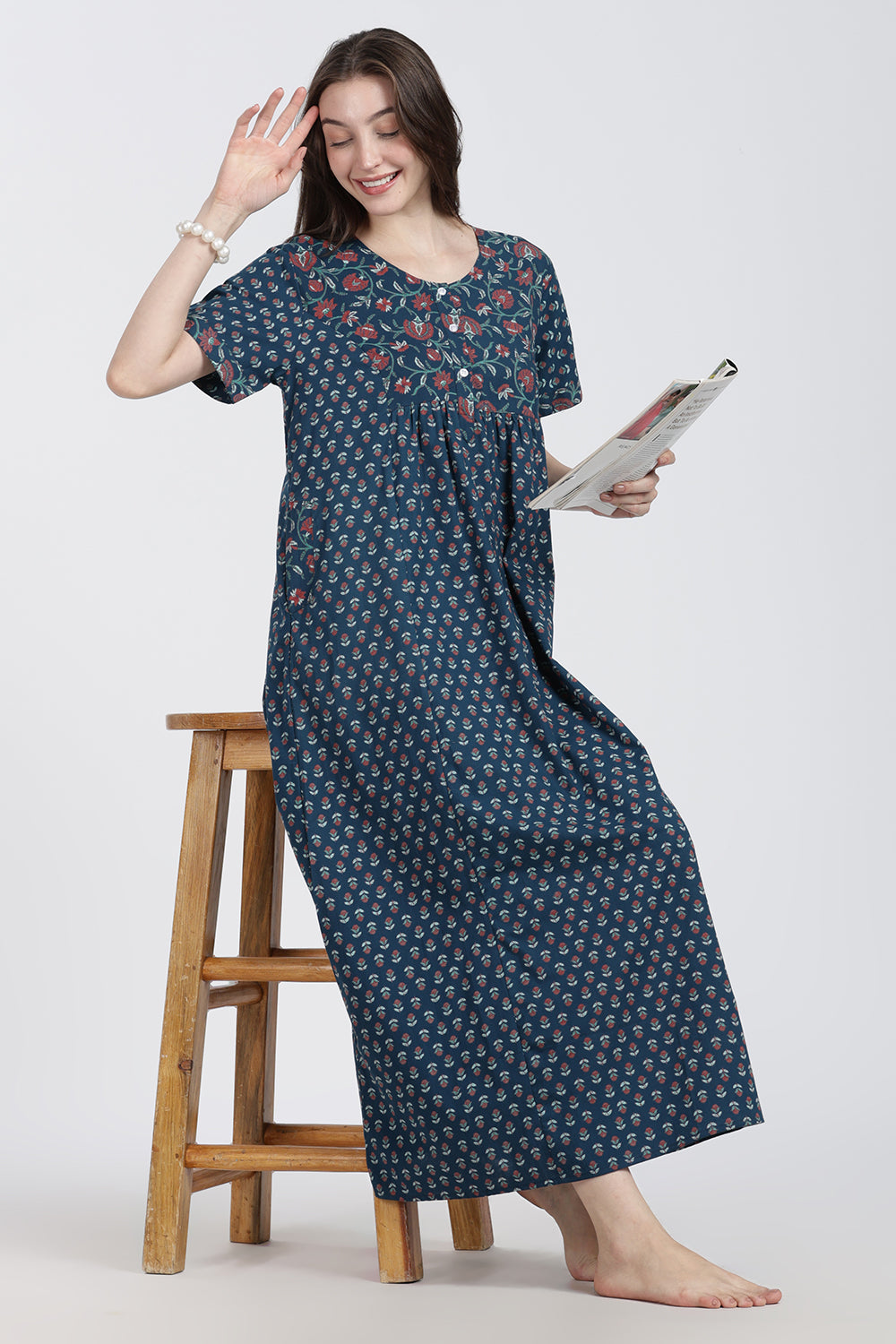 Naidu Hall Women’s Floral Printed Cotton Blend Nighty | Full-Length Round Neck Daily Wear Nightdress
- NB15