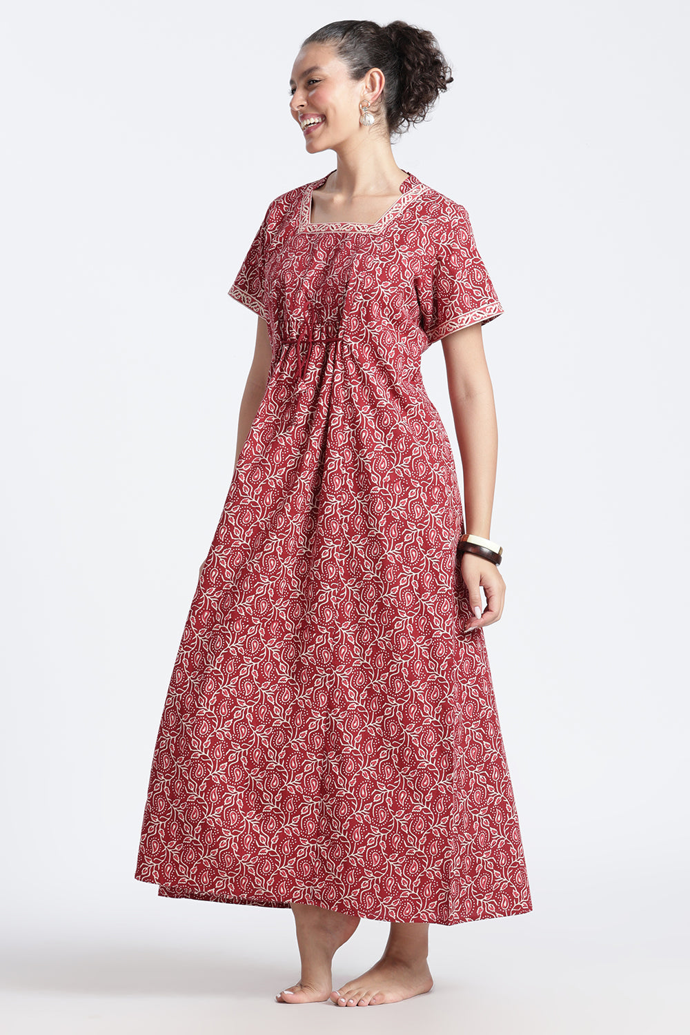 Naidu Hall Women’s Printed Cotton Nighty | Full-Length Daily Wear & Sleepwear Nightdress with Square Neck & Mandarin Collar
- NB22