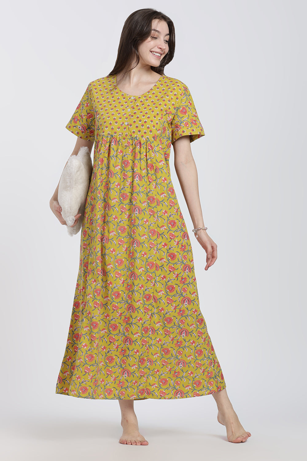 Naidu Hall Women’s Floral Printed Cotton Blend Nighty | Full-Length Round Neck Daily Wear Nightdress
- NB14