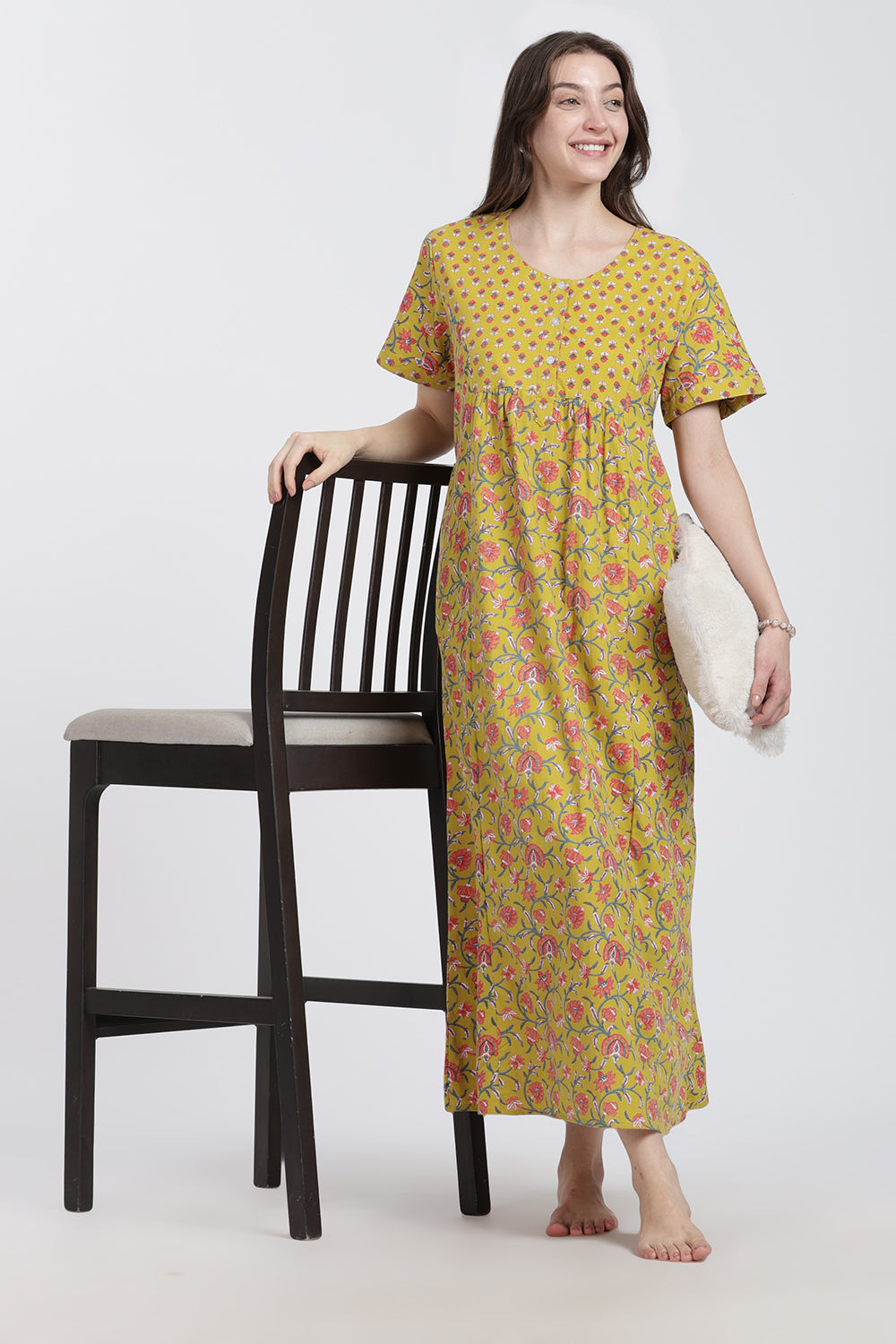 Naidu Hall Women’s Floral Printed Cotton Blend Nighty | Full-Length Round Neck Daily Wear Nightdress
- NB14