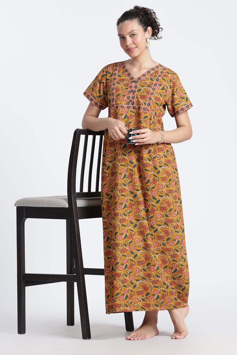 Naidu Hall Women’s Printed Cotton Nighty | Full-Length Daily Wear & Sleepwear Nightdress with V-Neck & Frock-Style Gathers
- NB20