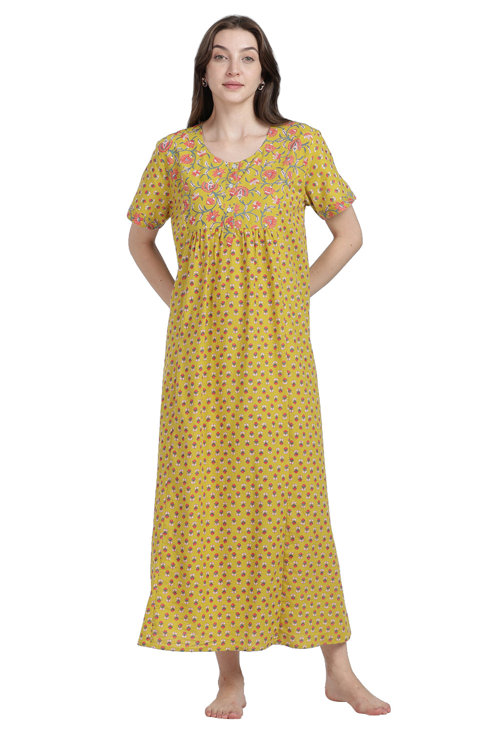 Naidu Hall Women’s Floral Printed Cotton Blend Nighty | Full-Length Round Neck Daily Wear Nightdress
- NB15