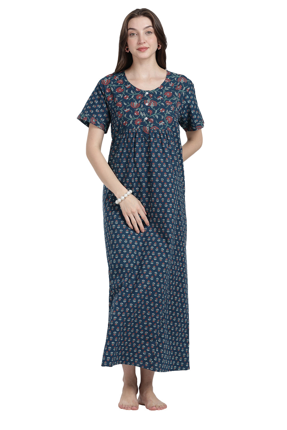 Naidu Hall Women’s Floral Printed Cotton Blend Nighty | Full-Length Round Neck Daily Wear Nightdress
- NB15
