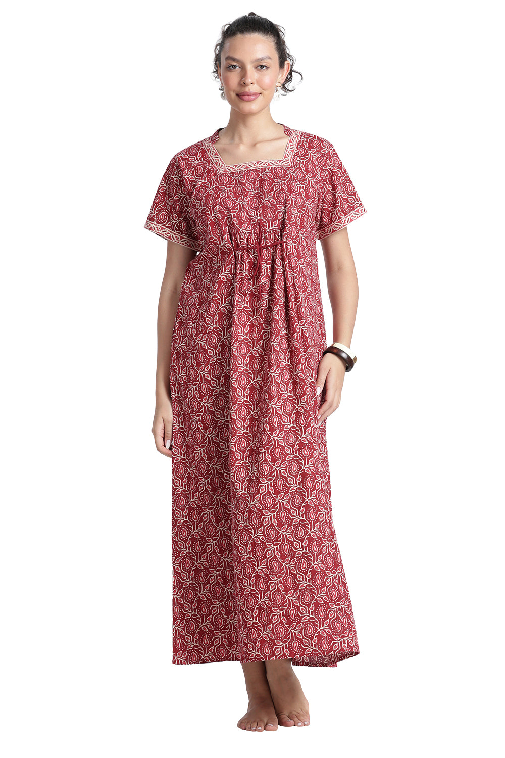 Naidu Hall Women’s Printed Cotton Nighty | Full-Length Daily Wear & Sleepwear Nightdress with Square Neck & Mandarin Collar
- NB22