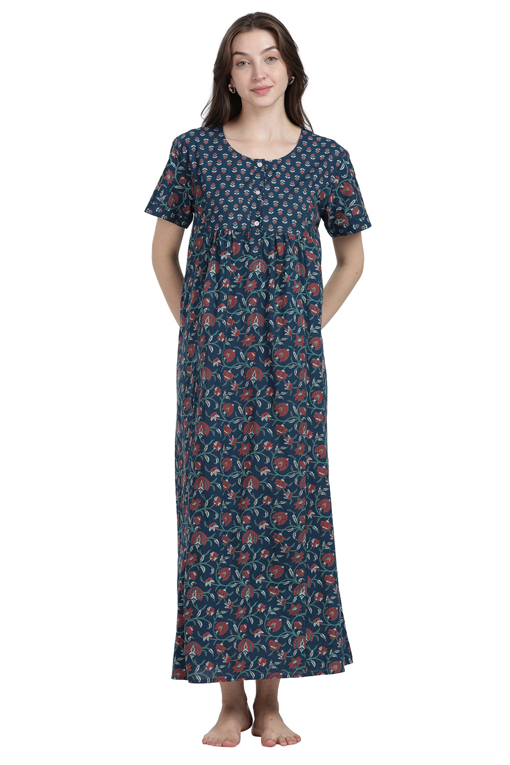 Naidu Hall Women’s Floral Printed Cotton Blend Nighty | Full-Length Round Neck Daily Wear Nightdress
- NB14