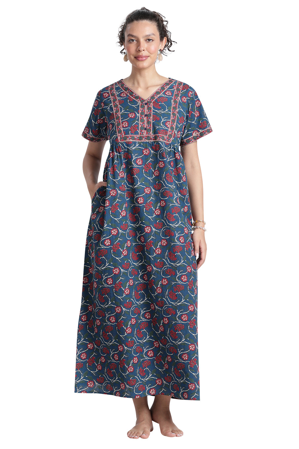 Naidu Hall Women’s Printed Cotton Nighty | Full-Length Daily Wear & Sleepwear Nightdress with V-Neck & Frock-Style Gathers
- NB20