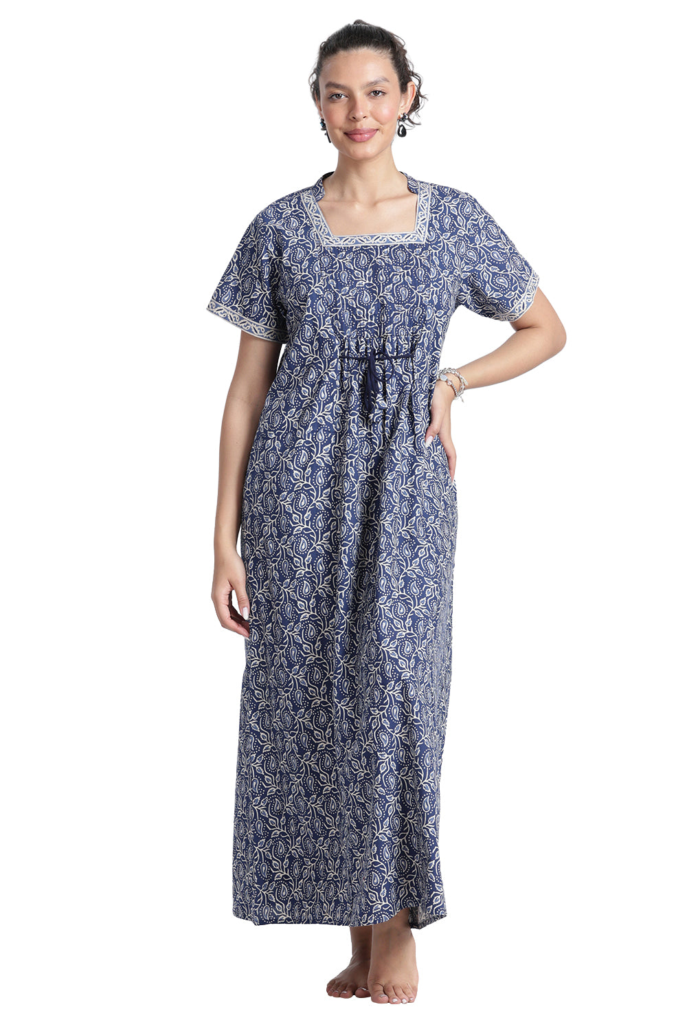 Naidu Hall Women’s Printed Cotton Nighty | Full-Length Daily Wear & Sleepwear Nightdress with Square Neck & Mandarin Collar
- NB22