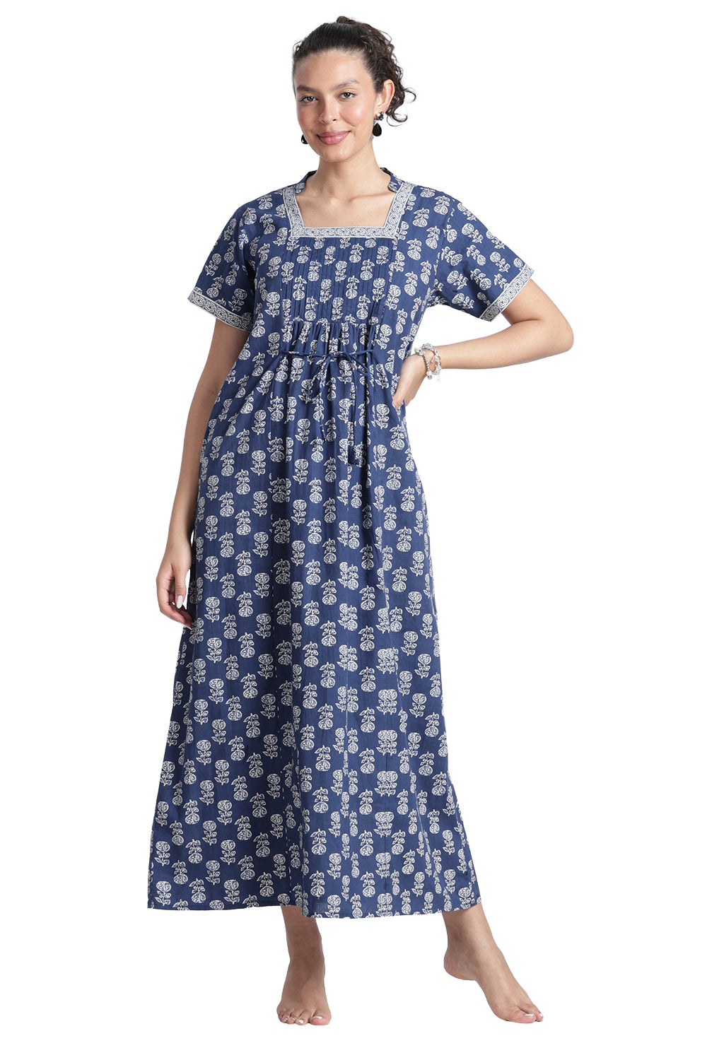 Naidu Hall Women’s Printed Cotton Nighty | Full-Length Daily Wear & Sleepwear Nightdress with Square Neck & Mandarin Collar
- NB23