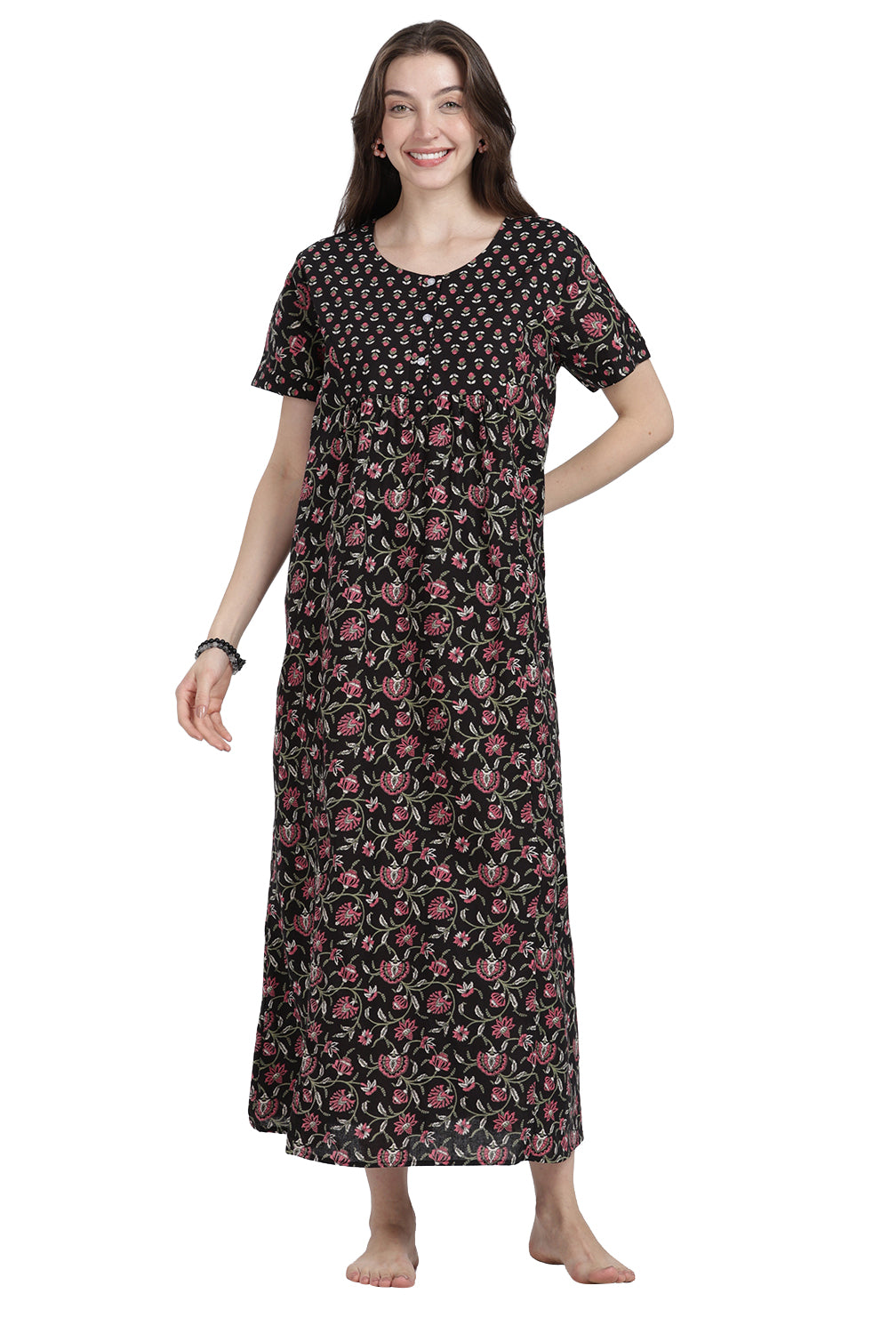 Naidu Hall Women’s Floral Printed Cotton Blend Nighty | Full-Length Round Neck Daily Wear Nightdress
- NB14