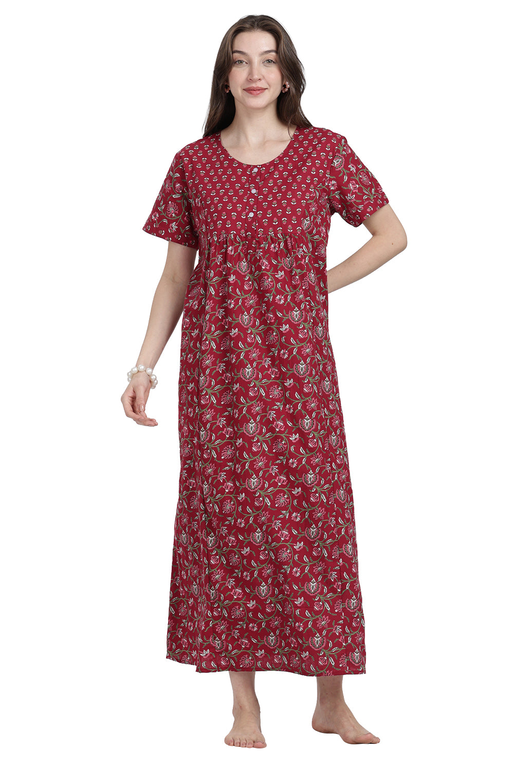 Naidu Hall Women’s Floral Printed Cotton Blend Nighty | Full-Length Round Neck Daily Wear Nightdress
- NB14