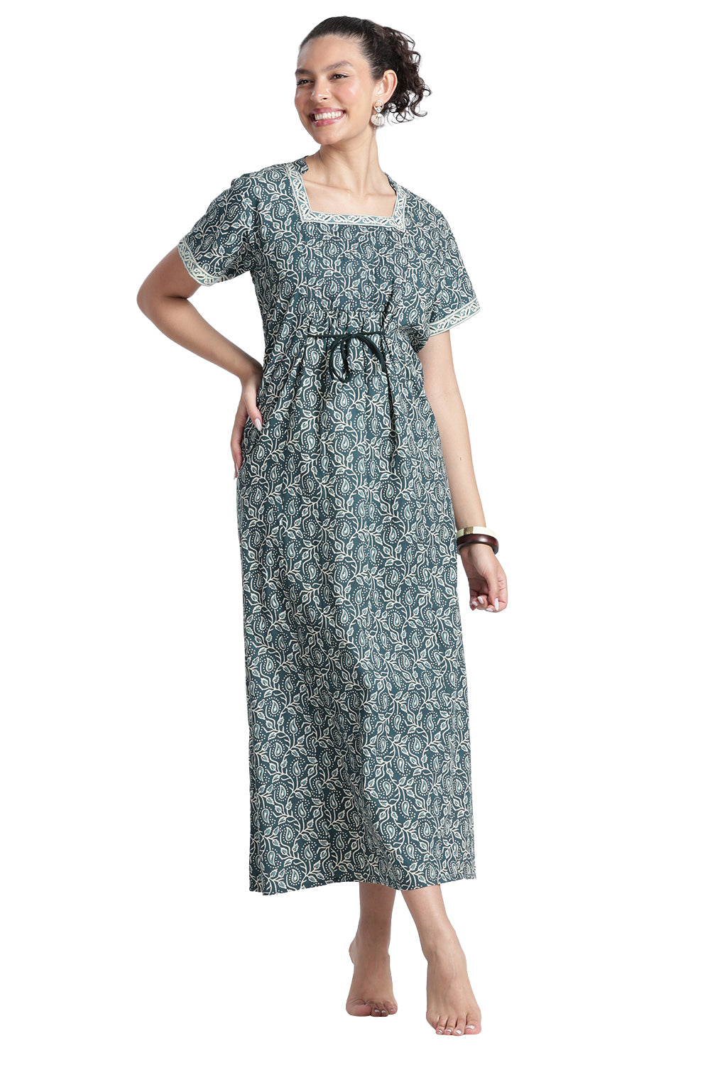 Naidu Hall Women’s Printed Cotton Nighty | Full-Length Daily Wear & Sleepwear Nightdress with Square Neck & Mandarin Collar
- NB22