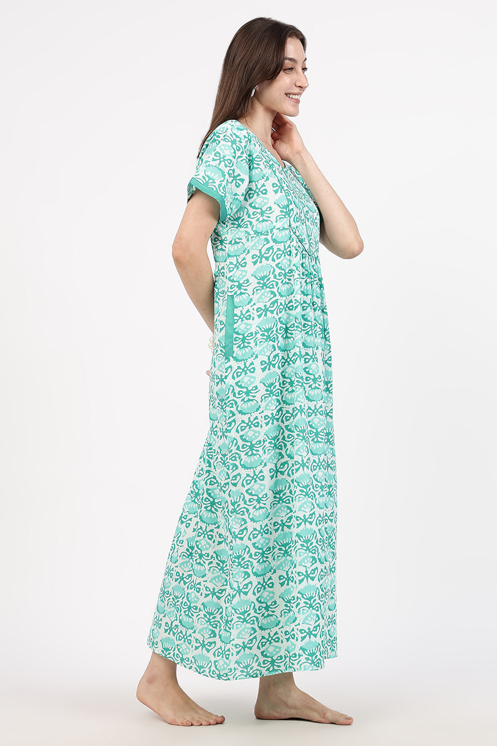 Naidu Hall Women’s Floral Printed Cotton Nighty with Front Yoke & Contrast Piping | Round Neck, Short Sleeves
- NA90