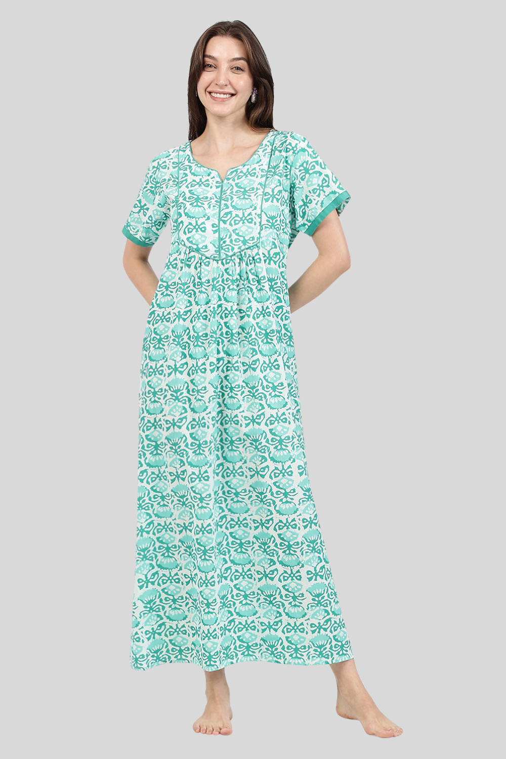 Naidu Hall Women’s Floral Printed Cotton Nighty with Front Yoke & Contrast Piping | Round Neck, Short Sleeves
- NA90