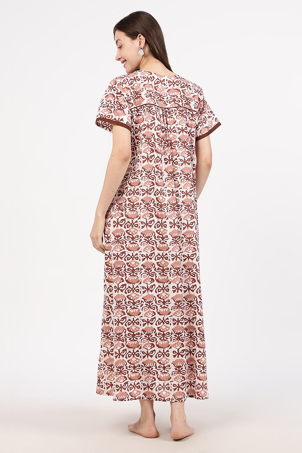 Naidu Hall Women’s Floral Printed Cotton Nighty with Front Yoke & Contrast Piping | Round Neck, Short Sleeves
- NA90