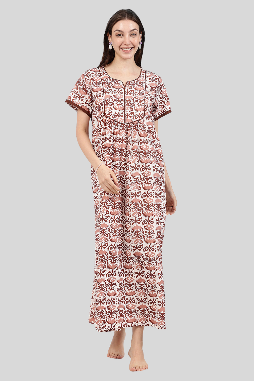 Naidu Hall Women’s Floral Printed Cotton Nighty with Front Yoke & Contrast Piping | Round Neck, Short Sleeves
- NA90