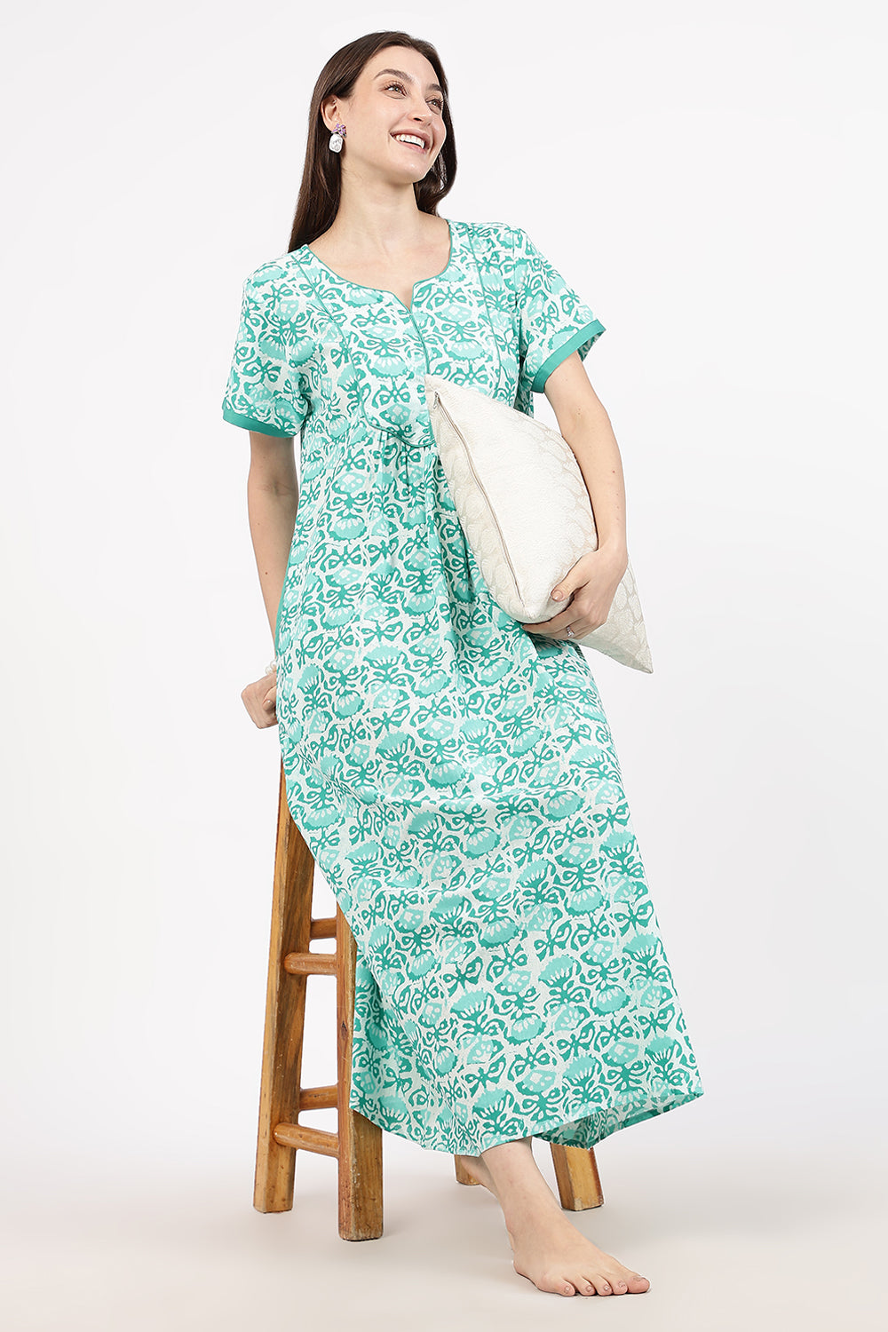 Naidu Hall Women’s Floral Printed Cotton Nighty with Front Yoke & Contrast Piping | Round Neck, Short Sleeves
- NA90