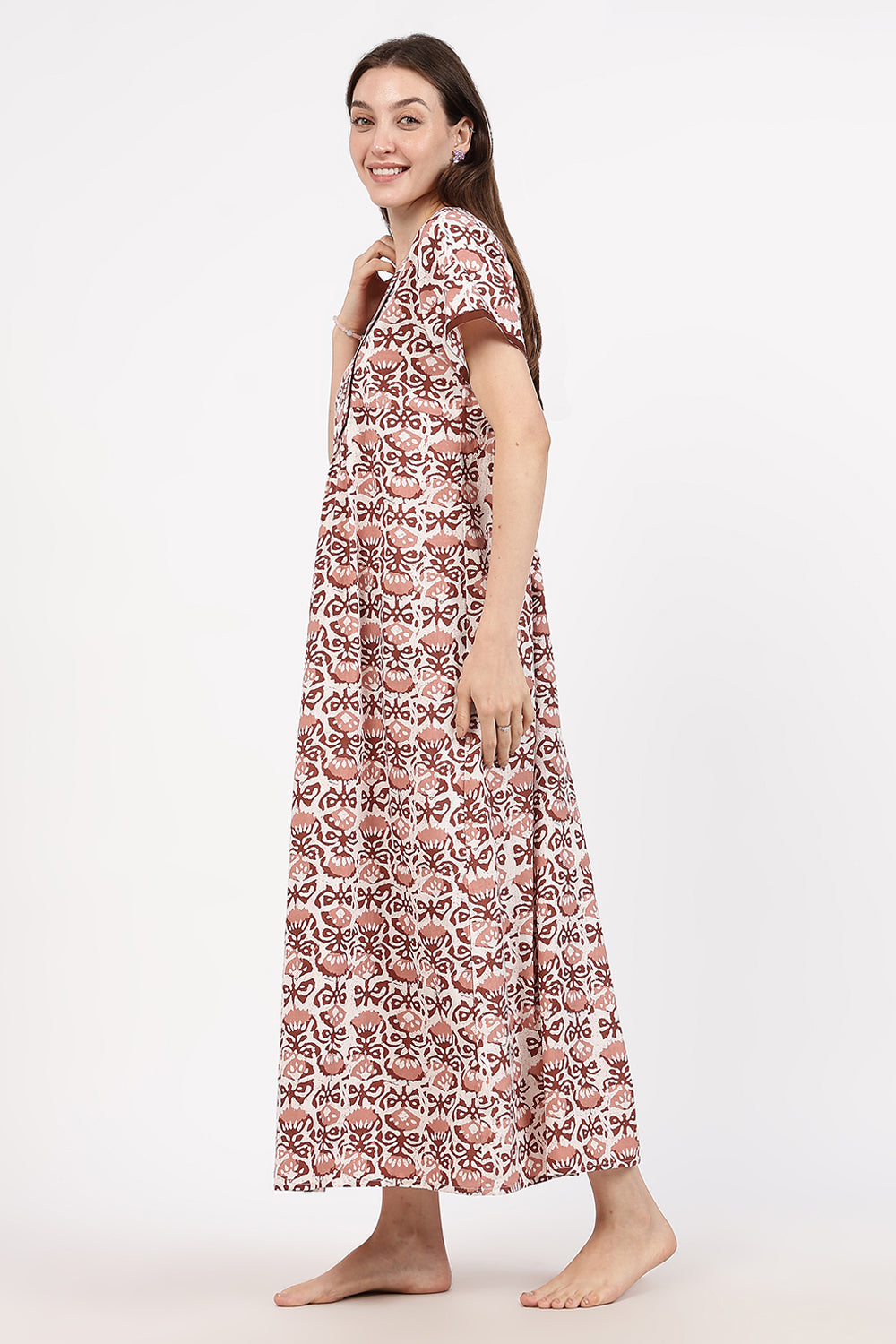 Naidu Hall Women’s Floral Printed Cotton Nighty with Front Yoke & Contrast Piping | Round Neck, Short Sleeves
- NA90