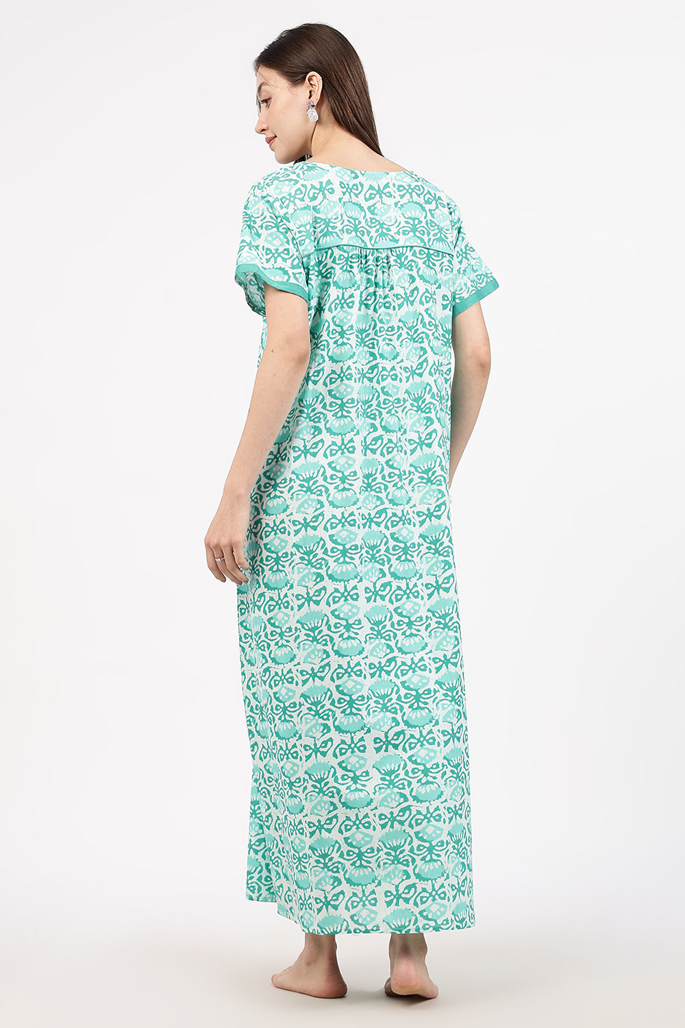 Naidu Hall Women’s Floral Printed Cotton Nighty with Front Yoke & Contrast Piping | Round Neck, Short Sleeves
- NA90