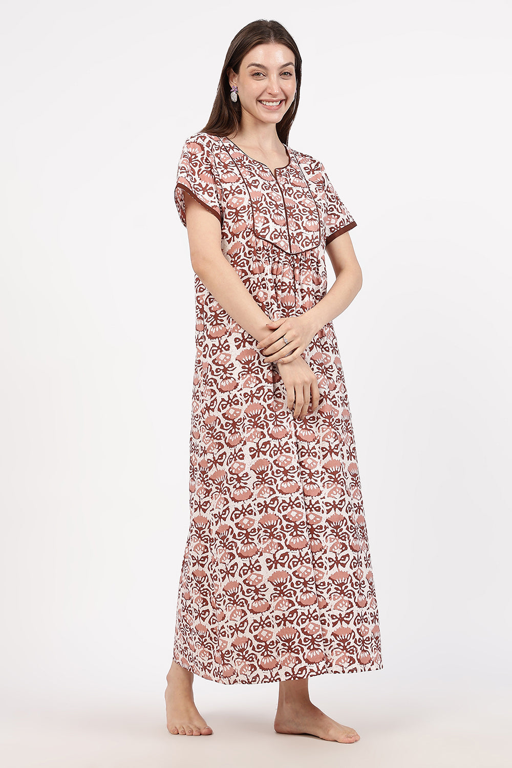 Naidu Hall Women’s Floral Printed Cotton Nighty with Front Yoke & Contrast Piping | Round Neck, Short Sleeves
- NA90