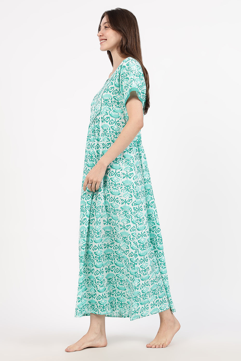 Naidu Hall Women’s Floral Printed Cotton Nighty with Front Yoke & Contrast Piping | Round Neck, Short Sleeves
- NA90