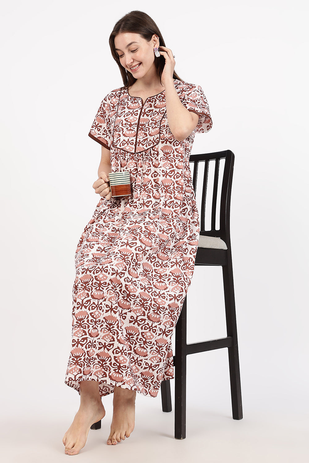 Naidu Hall Women’s Floral Printed Cotton Nighty with Front Yoke & Contrast Piping | Round Neck, Short Sleeves
- NA90