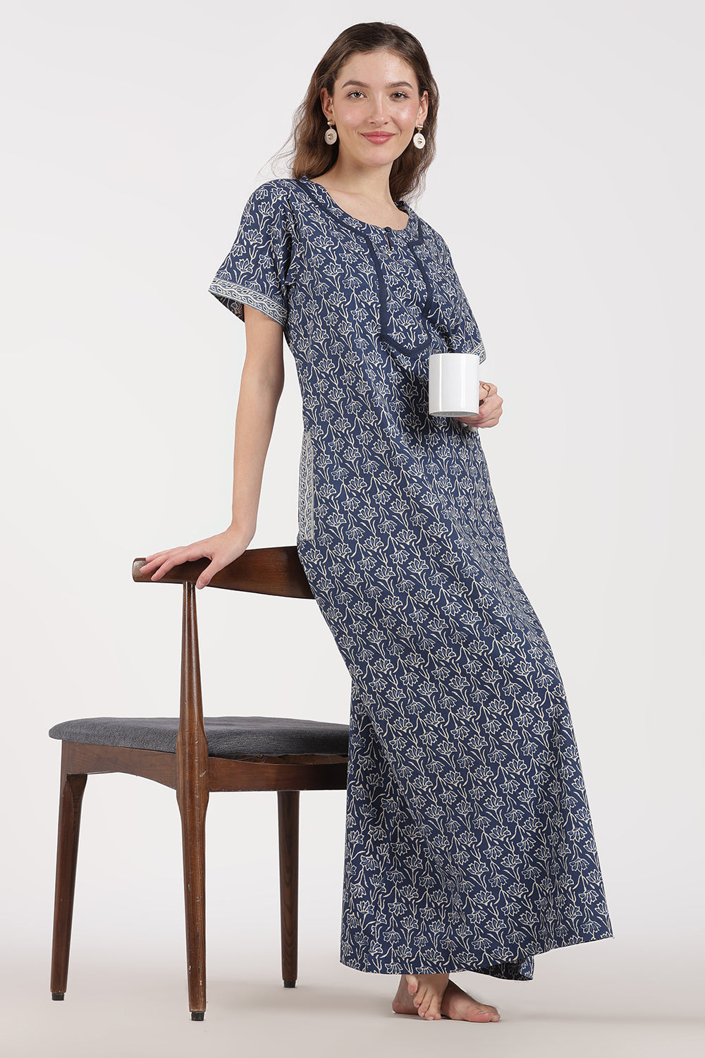 Naidu Hall Women’s Full-Length A-Line Floral Print Cotton Nighty – Round Neck, Keyhole with Button, Contrast Piping & Side Pocket
- NB07